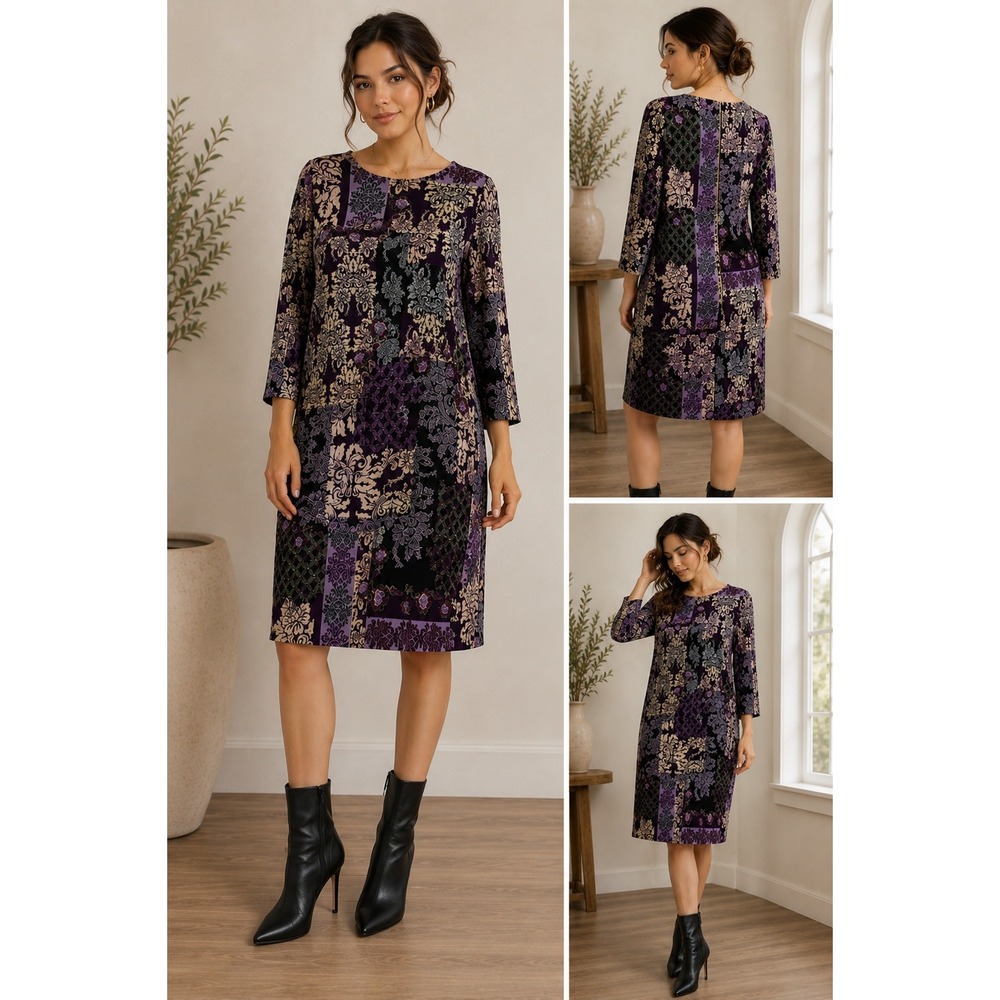 Chico's Travelers Sheath Dress Women 1 M Purple Damask Patchwork Modest Artsy